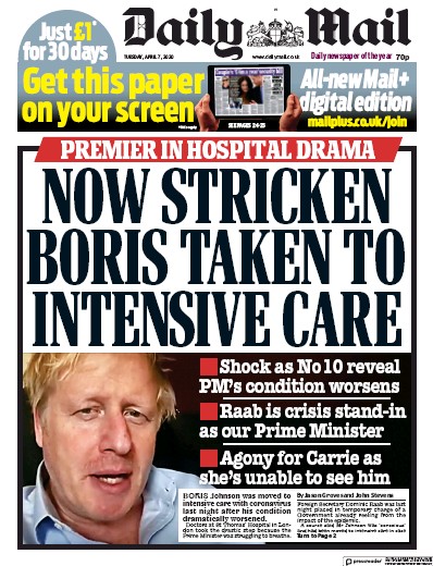 Daily Mail (UK) Newspaper Front Page for 7 April 2020