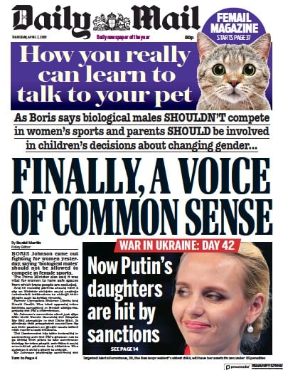 Daily Mail Newspaper Front Page for 7 April 2022
