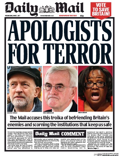 Daily Mail (UK) Newspaper Front Page for 7 June 2017