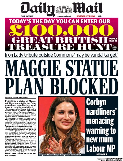 Daily Mail Newspaper Front Page for 7 July 2017
