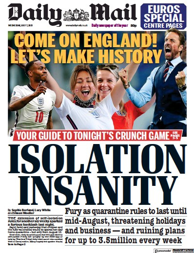 Daily Mail (UK) Newspaper Front Page for 7 July 2021