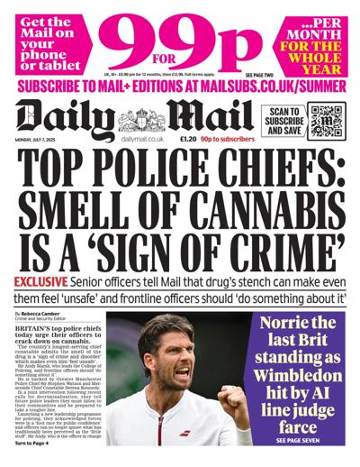 Daily Mail (UK) Newspaper Front Page for 7 July 2025
