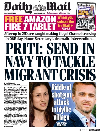 Daily Mail Newspaper Front Page for 7 August 2020