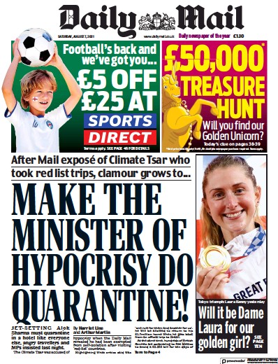 Daily Mail (UK) Newspaper Front Page for 7 August 2021
