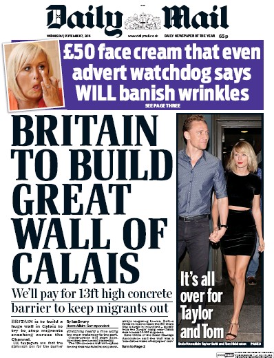Daily Mail Newspaper Front Page for 7 September 2016