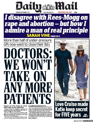 Daily Mail Newspaper Front Page for 7 September 2017