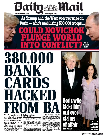 Daily Mail Newspaper Front Page for 7 September 2018