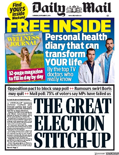 Daily Mail Newspaper Front Page for 7 September 2019