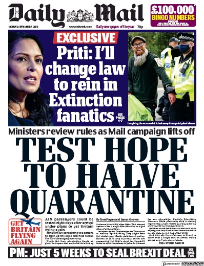 Daily Mail Newspaper Front Page for 7 September 2020