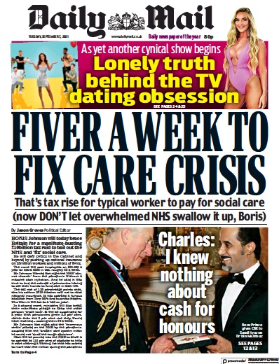 Daily Mail (UK) Newspaper Front Page for 7 September 2021