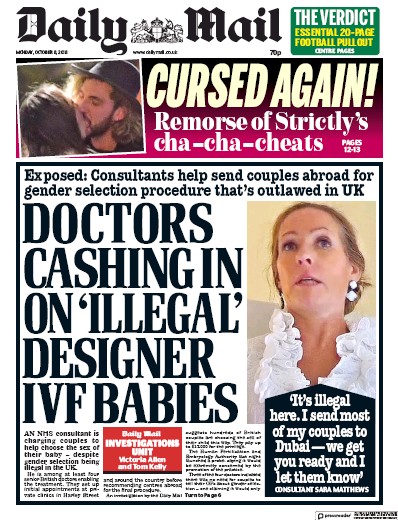 Daily Mail (UK) Newspaper Front Page for 8 October 2018