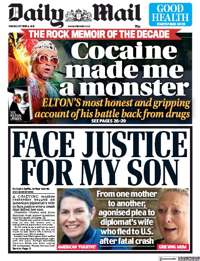 Daily Mail Newspaper Front Page for 8 October 2019