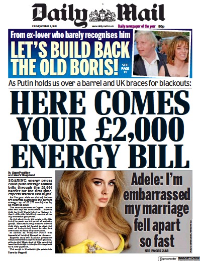 Daily Mail (UK) Newspaper Front Page for 8 October 2021