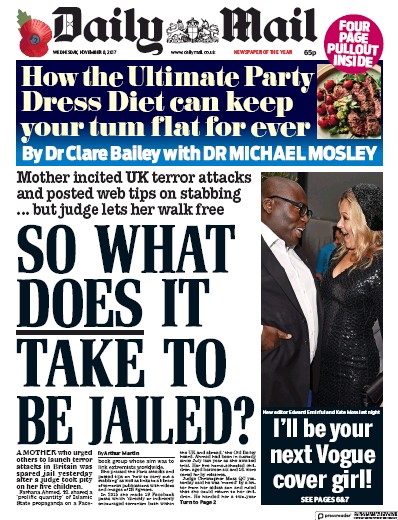 Daily Mail Newspaper Front Page for 8 November 2017