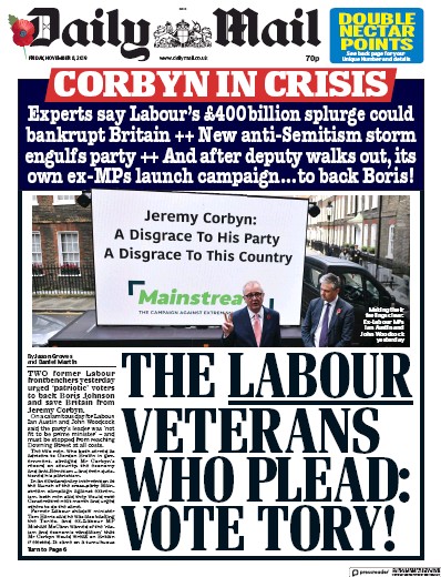Daily Mail (UK) Newspaper Front Page for 8 November 2019