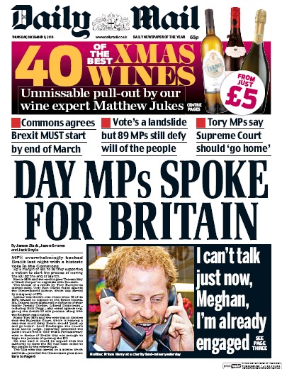 Daily Mail Newspaper Front Page for 8 December 2016