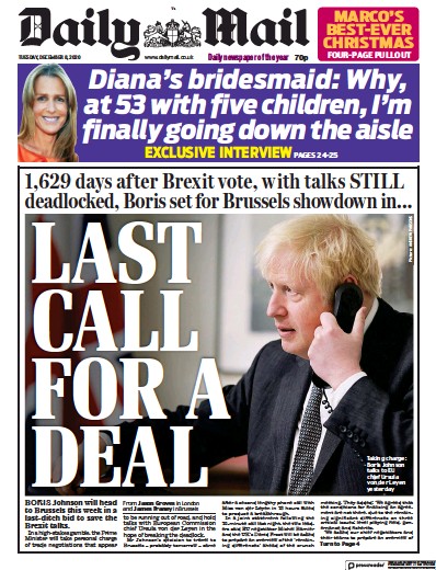 Daily Mail Newspaper Front Page for 8 December 2020