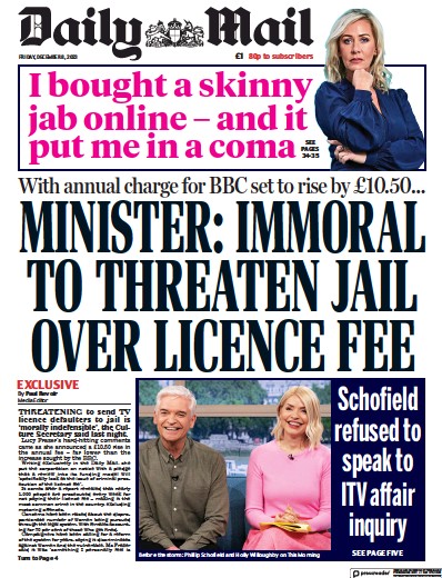 Daily Mail (UK) Newspaper Front Page for 8 December 2023