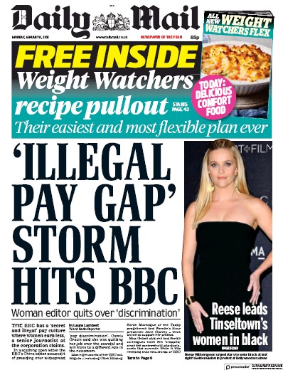 Daily Mail Newspaper Front Page for 8 January 2018