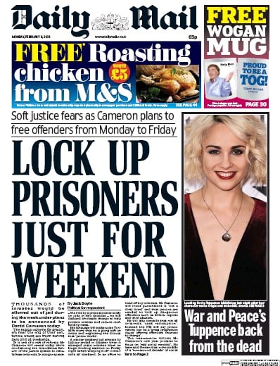 Daily Mail Newspaper Front Page for 8 February 2016