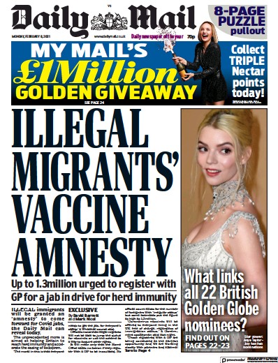 Daily Mail Newspaper Front Page for 8 February 2021