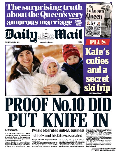 Daily Mail (UK) Newspaper Front Page for 8 March 2016