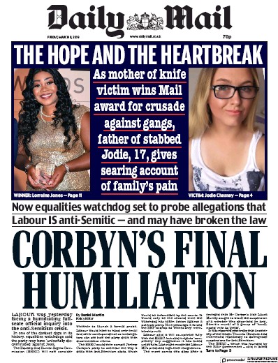 Daily Mail Newspaper Front Page for 8 March 2019
