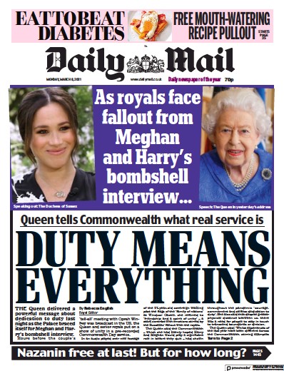 Daily Mail (UK) Newspaper Front Page for 8 March 2021