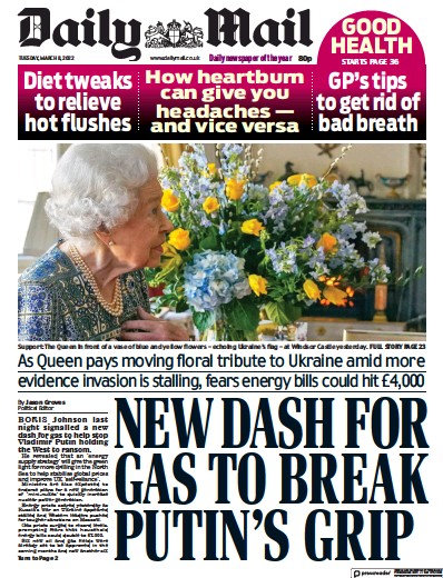 Daily Mail Newspaper Front Page for 8 March 2022