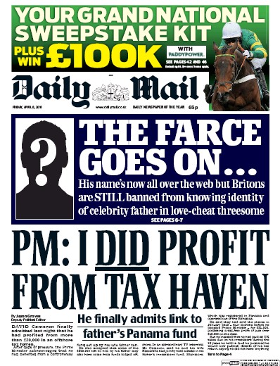 Daily Mail Newspaper Front Page for 8 April 2016
