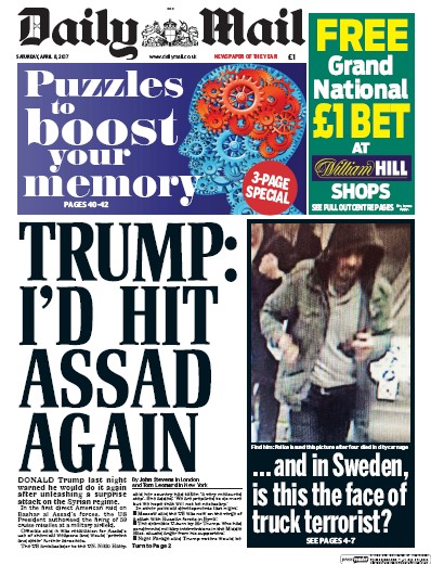 Daily Mail (UK) Newspaper Front Page for 8 April 2017
