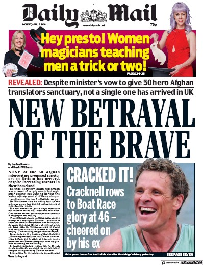 Daily Mail (UK) Newspaper Front Page for 8 April 2019