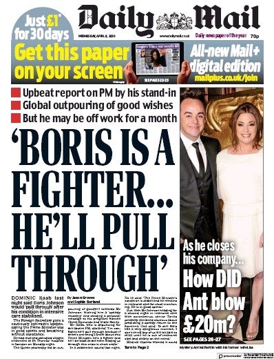 Daily Mail Newspaper Front Page for 8 April 2020