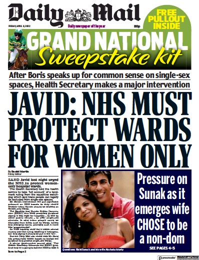 Daily Mail (UK) Newspaper Front Page for 8 April 2022