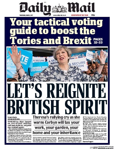 Daily Mail (UK) Newspaper Front Page for 8 June 2017