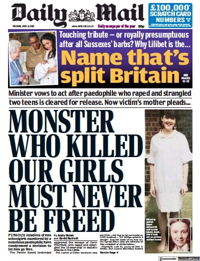 Daily Mail (UK) Newspaper Front Page for 8 June 2021