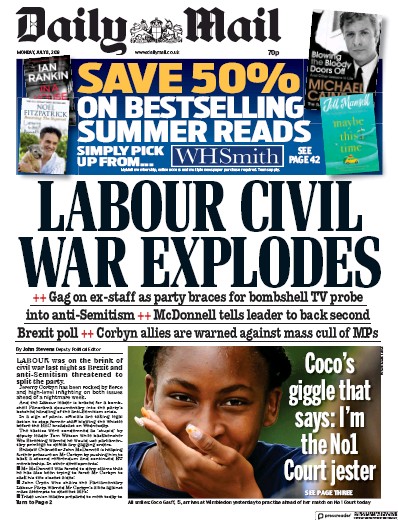 Daily Mail Newspaper Front Page for 8 July 2019