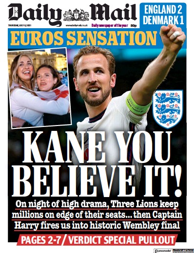 Daily Mail (UK) Newspaper Front Page for 8 July 2021
