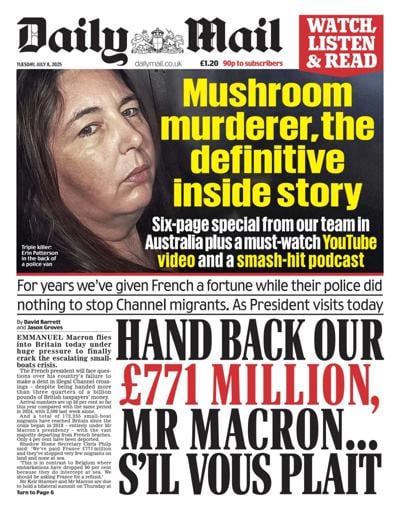 Daily Mail (UK) Newspaper Front Page for 8 July 2025