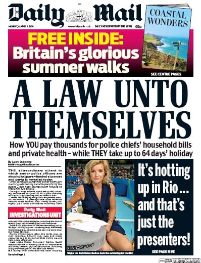 Daily Mail Newspaper Front Page for 8 August 2016