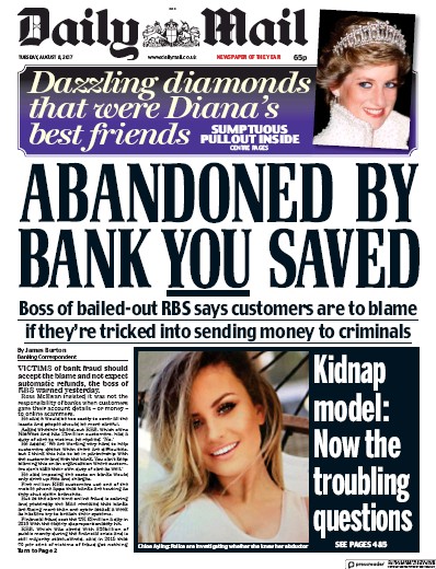 Daily Mail Newspaper Front Page for 8 August 2017