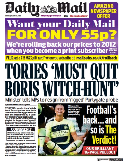 Daily Mail (UK) Newspaper Front Page for 8 August 2022