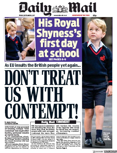 Daily Mail Newspaper Front Page for 8 September 2017