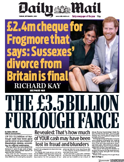 Daily Mail Newspaper Front Page for 8 September 2020
