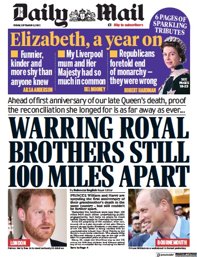 Daily Mail (UK) Newspaper Front Page for 8 September 2023