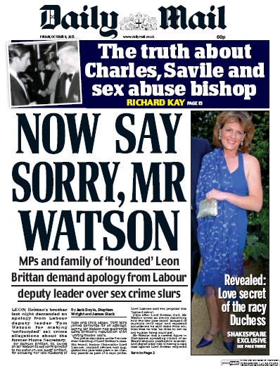 Daily Mail Newspaper Front Page for 9 October 2015