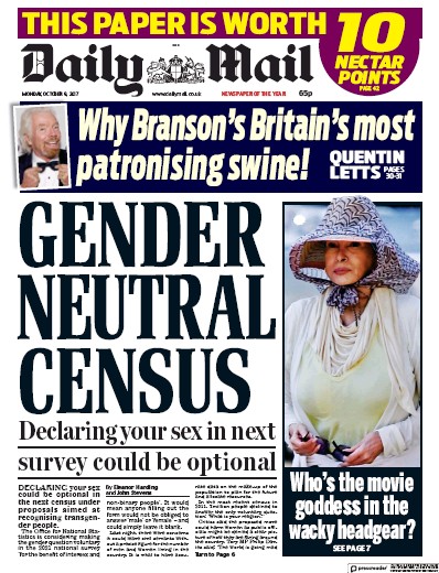 Daily Mail Newspaper Front Page for 9 October 2017
