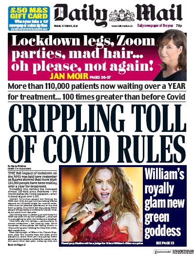 Daily Mail Newspaper Front Page for 9 October 2020