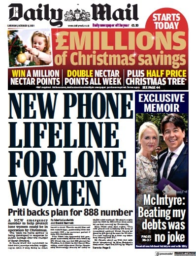 Daily Mail (UK) Newspaper Front Page for 9 October 2021