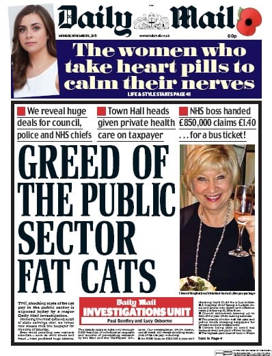 Daily Mail Newspaper Front Page for 9 November 2015
